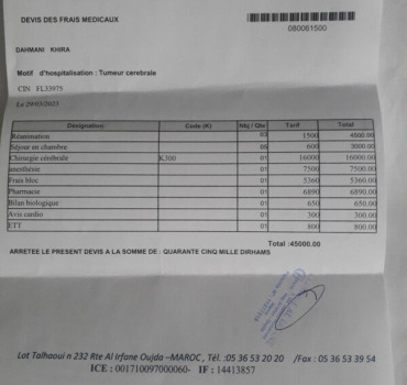 Tumeur au cerveau pour khira